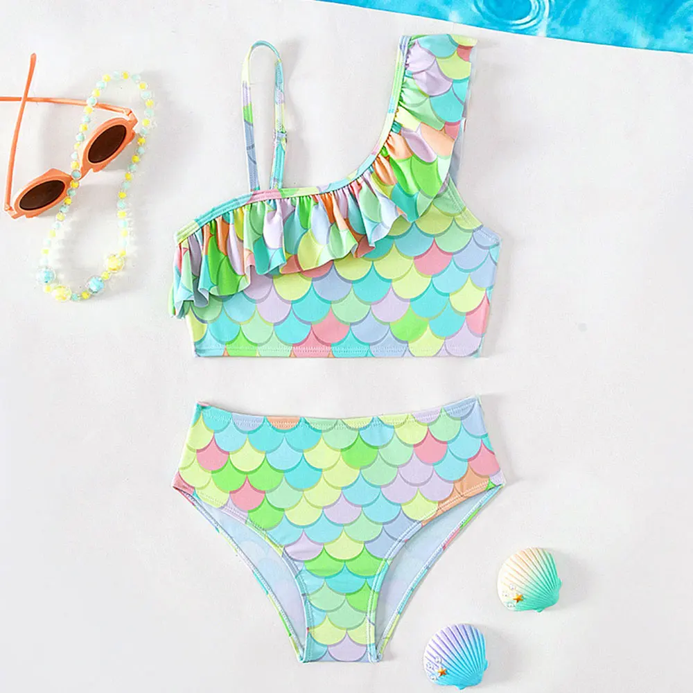 

Girls Fish Scale Mermaid Bikini Swimsuit Kids Ruffle Oblique Shoulder Two Piece Children's Swimwear 5-14 Years Teen Bathing Suit