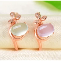 natural pink chalcedony hand carved water drop ring fashion boutique jewelry womens ring popular gift opening adjustable
