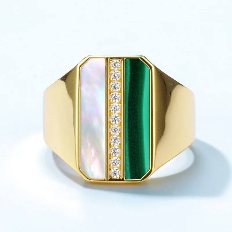 

Women Malachite Stone Ring S925 Sterling Silver 10k Gold Plated Malachite Crystal White Shell Zircon Rings Gemstone Jewelry