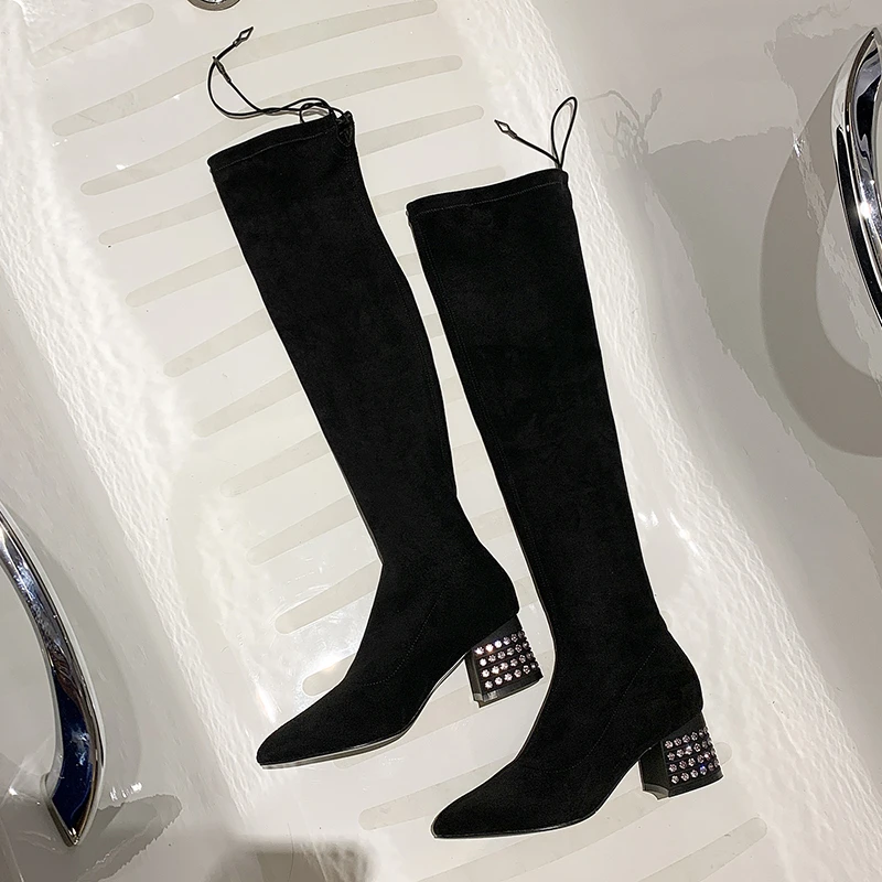 

Solid Flock Knee-high Boots Autumn Winter Sexy High Boots for Women Fashion Shoes Woman Crystal Bling High Heels Booties Female