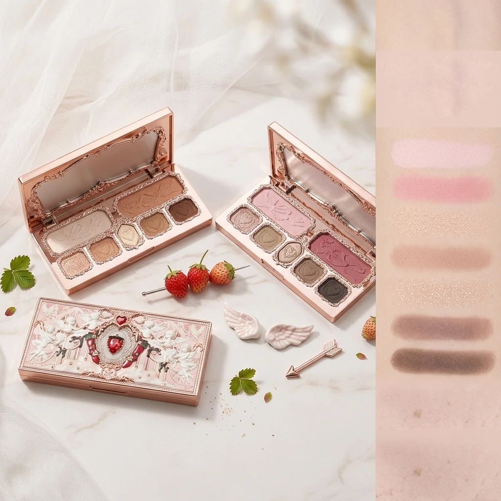 Фото Палетка для макияжа Flower Knows Strawberry Cupid, розовая, 5 матовых и 2 шиммерных оттенков, стойкая, водостойкая, румяна и тени для век №1
