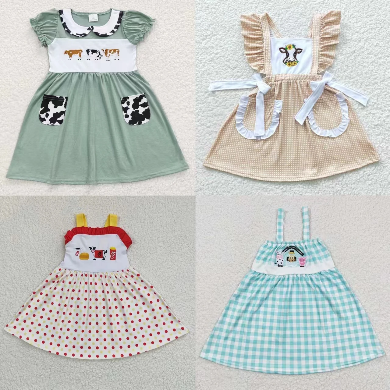 Wholesale Baby Girl Western Clothes Toddler Kid Summer Dress Embroidery Cow Children Infant Pocket Clothing