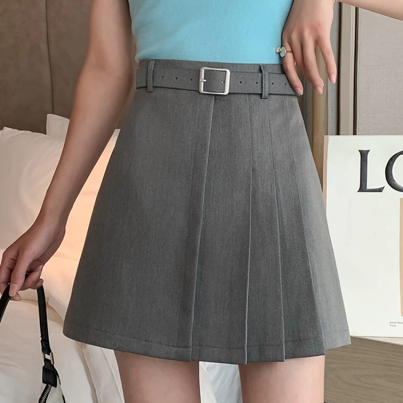

Женская плиссированная мини-юбка с высокой талией, серая короткая трапециевидная юбка с поясом, весна-лето 2021