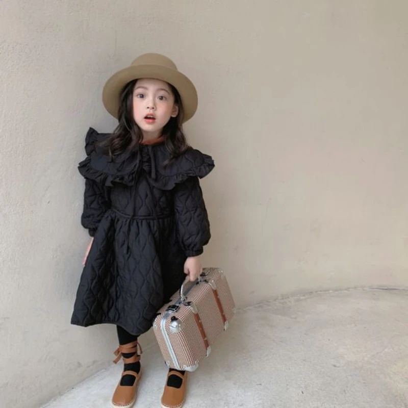 

Teen Winter Girl Thick Dress A-line Knee Length Turn-down Collar Baby Girls Warm Clothes Solid Comfortable Sweet Fashion Robe