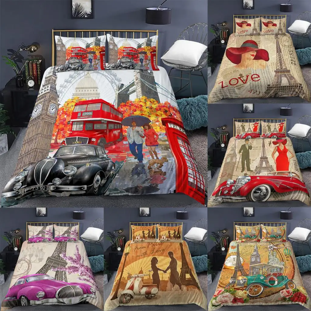 

Luxury Bedding Set Romantic Paris Street Printed Duvet Cover Set Queen King Size Quilt Covers With Pillowcase Soft Bedspreads
