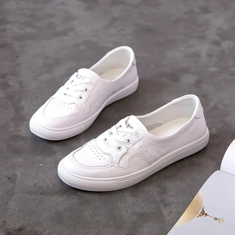 CXJYWMJL Cowhide Casual Sneakers for Women Summer Flat Vulcanized Shoes Genuine Leather Spring Skate Shoes Ladies Sports White