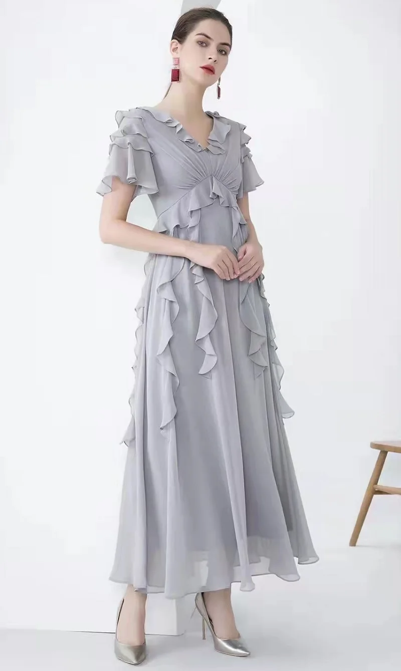 Top Quality New 2023 Spring Long Party Evening Women Dresses V-Neck Ruffle Flower Deco Short Sleeve Elegant Grey Maxi Dresses