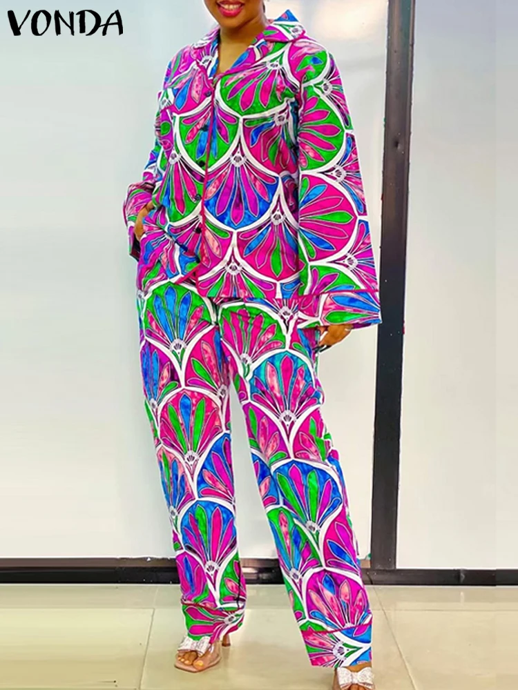 Женские комплекты VONDA 2024 винтажные топы с длинными рукавами и принтом широкие
