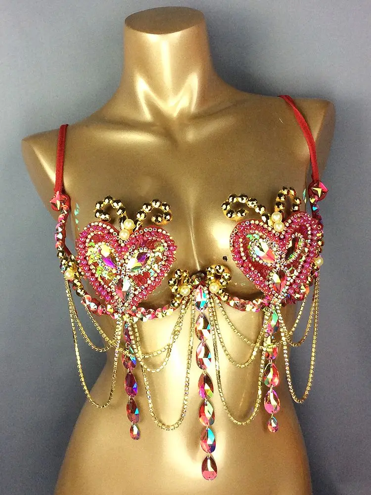 

Бикини в форме сердца с кристаллами, блестящий бюстгальтер для самбы, карнавала, радужного, розового, красного цвета, для танца живота, бюстгальтер на косточках, одежда для живота, наряд Gogo