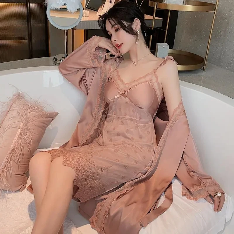 

QWEEK Satin Sexy Robe Set Woman 2 Pieces Silk Sleepwear Lace Embroidery Nightgown Kimono Nightie Albornoces Fairy Dresses Gown