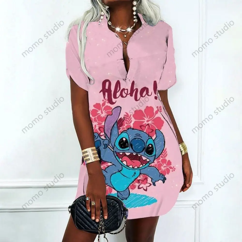 Lilo & Stitch New Y2k 2023 Polo Shirts Chic and Elegant Woman Dress Disney Sexy V Neck Summer Album Fashion Dresses Women Party