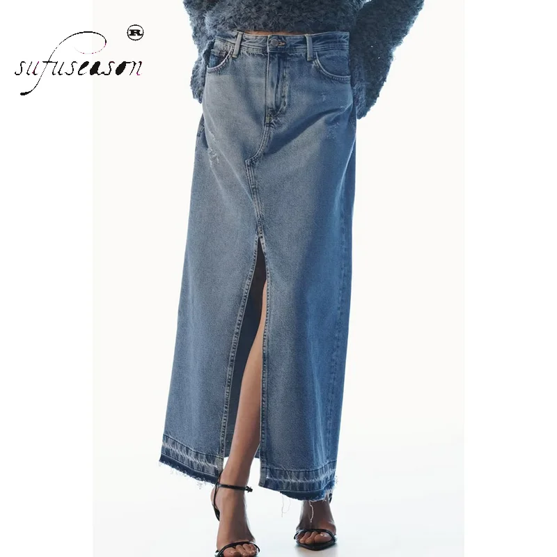 

New In Women Denim Blue Solid Front Zipper Slit Maxi Skirt Vintage High Waist Female Chic Lady Skirt ZA Fashion 2023 traf