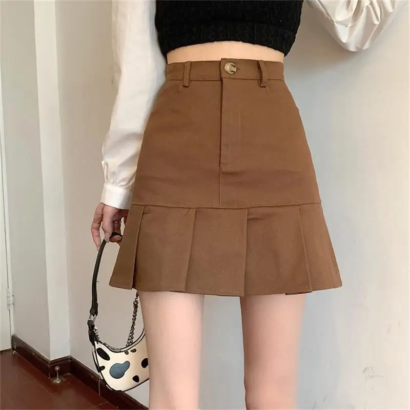 

Korean Fashion Brown Short Skirt Vintage Slim Cute Pleated Skirts Women Preppy Style Button Up High Waist Summer Skirt