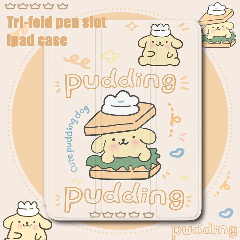 

Милый мультяшный защитный чехол с помпоном Sanrio Purin для Ipad, подходит для Air4 Ipad2022 Mini4 5 6, слот для ручки тройного сложения, защита от падения