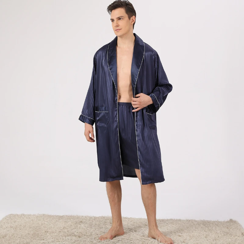 

Belt Bathrobe + Shorts Euro/US Size Satin Bathrobe Soft Cozy Long-sleeved Hotel Sauna Print Men Kimono Nightgown Silk Bath Robe