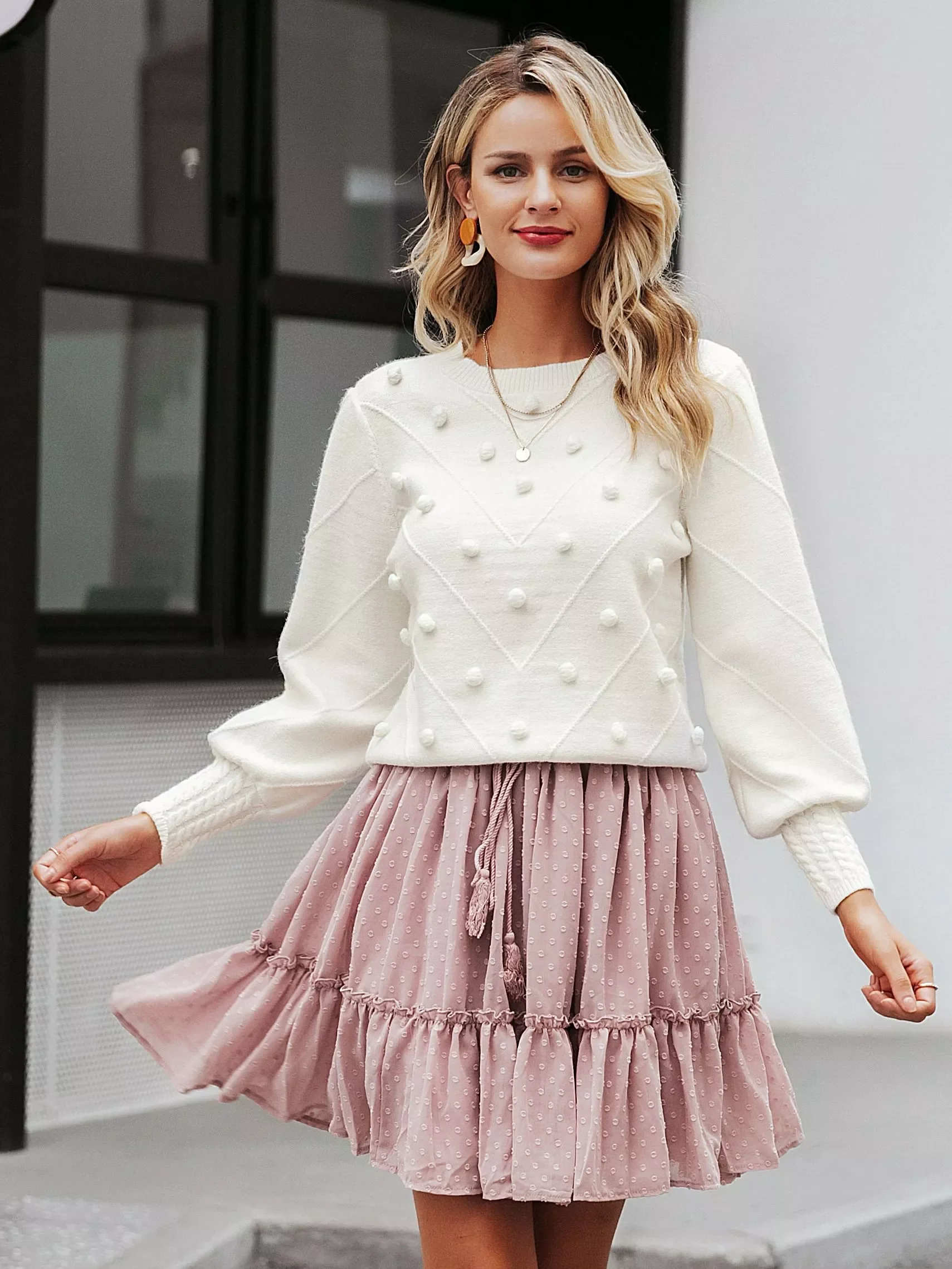 

Элегантный женский свитер с меховым помпоном New2022, осенне-зимний вязаный свитер с рукавами-фонариками, женская уличная одежда, Дамский пуло...