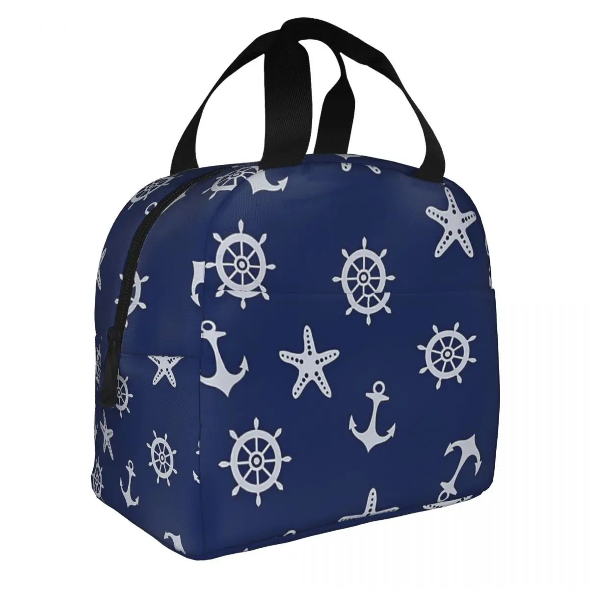Navy Blue Nautical Anchor Pattern Lunch Bento Bags Portable Aluminum Foil thickened Thermal Cloth Lunch Bag for Women Men Boy