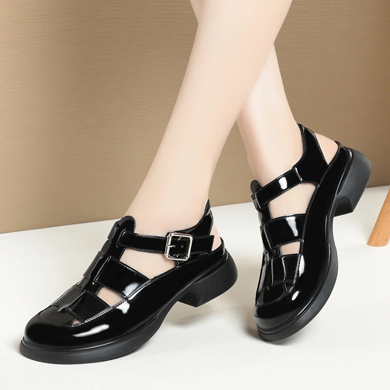 CICIYANG Baotou Roman Sandals for Women 2023 New Summer Woven Openwork One-line Buckle Ladies Shoe Low Heel Black Beige Handmade