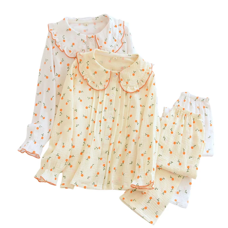 

New Spring Autumn Ladies 100% Cotton Crepe Pajamas Long-sleeved Trousers Tangerine Print Home Service Two-piece Female Pyjamas