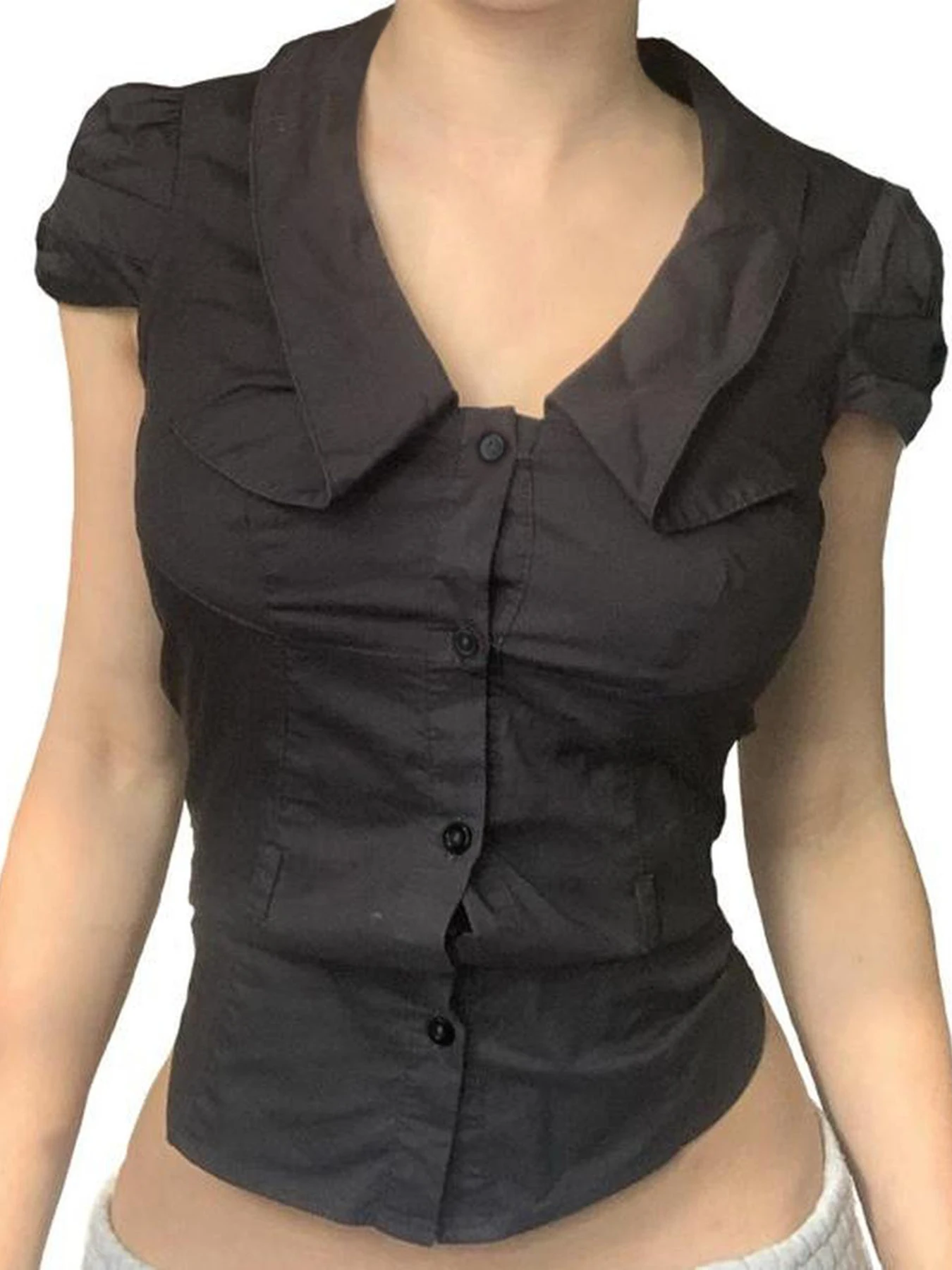 Rockmoer Женская Повседневная Блузка Черная С Коротким Рукавом Отложным Воротником