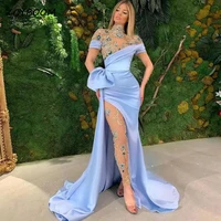 luxurious crystal beading sequined long satin mermaid evening dresses high side split off shoulder 2022 dubai women prom gowns