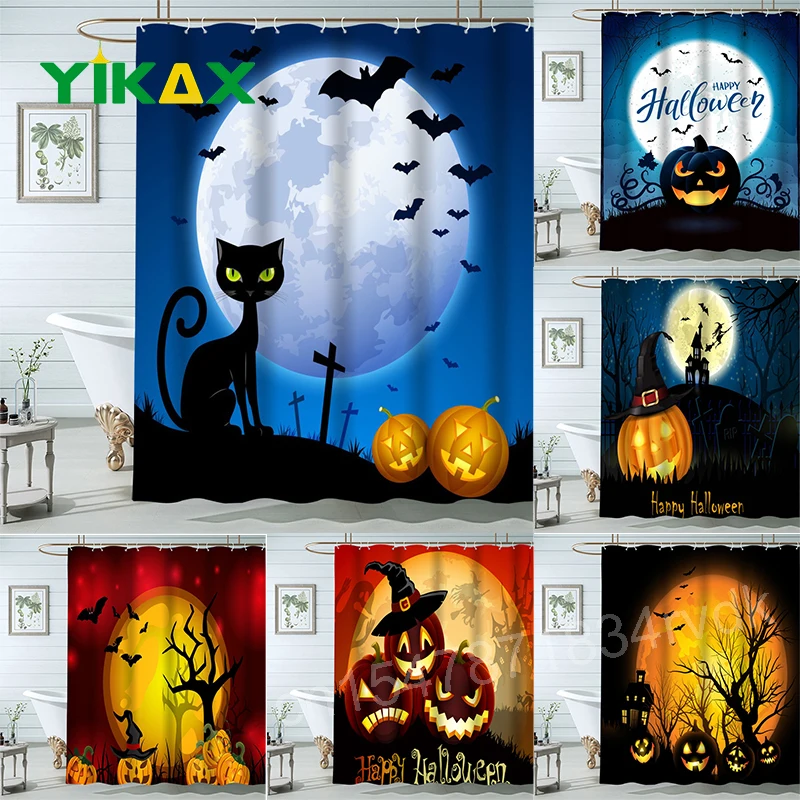 

Halloween Pumpkin Wizard Cat Bat Frabic Waterproof Polyester Bathroom Shower Curtain Bathtub Screen Bath Curtain With Hooks