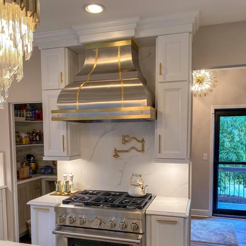 

Casa Wall Mount Kitchen stainless steel cooking hoods with brass gold straps and rivets design customize stainless hood