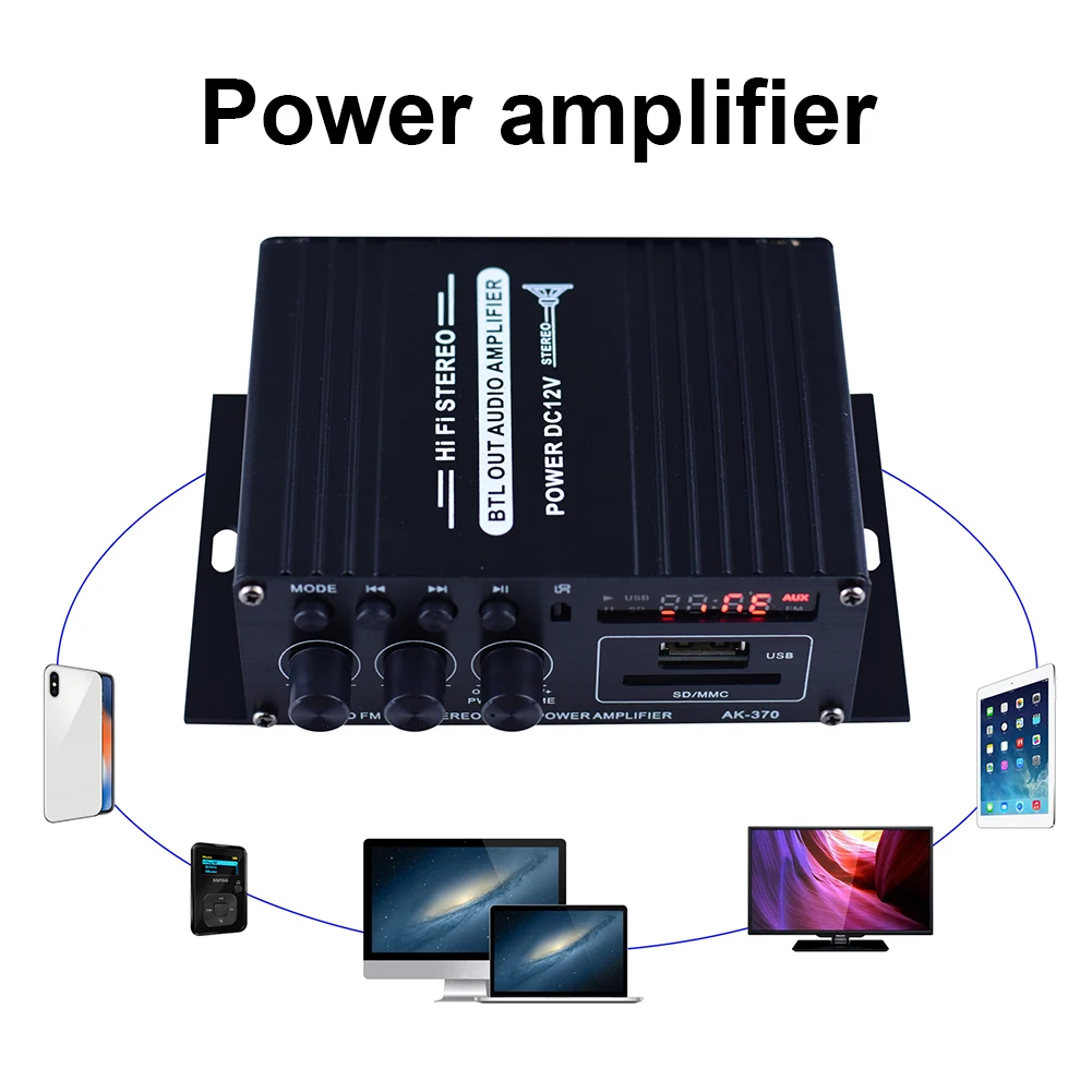 

AK-370 Audio Power Amplifier 2.0 Channel Auto Music Subwoofer Speaker 20W+20W Audio Amplifier Board DC 12V Stereo USB OTG Input