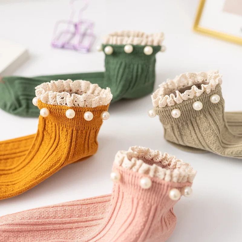 

New Pearl Women Socks Cotton 1 Pair Cute Fashion Casual Comfortable Embroidery Lace Frilled Solid Girl Color Women Short Ankle