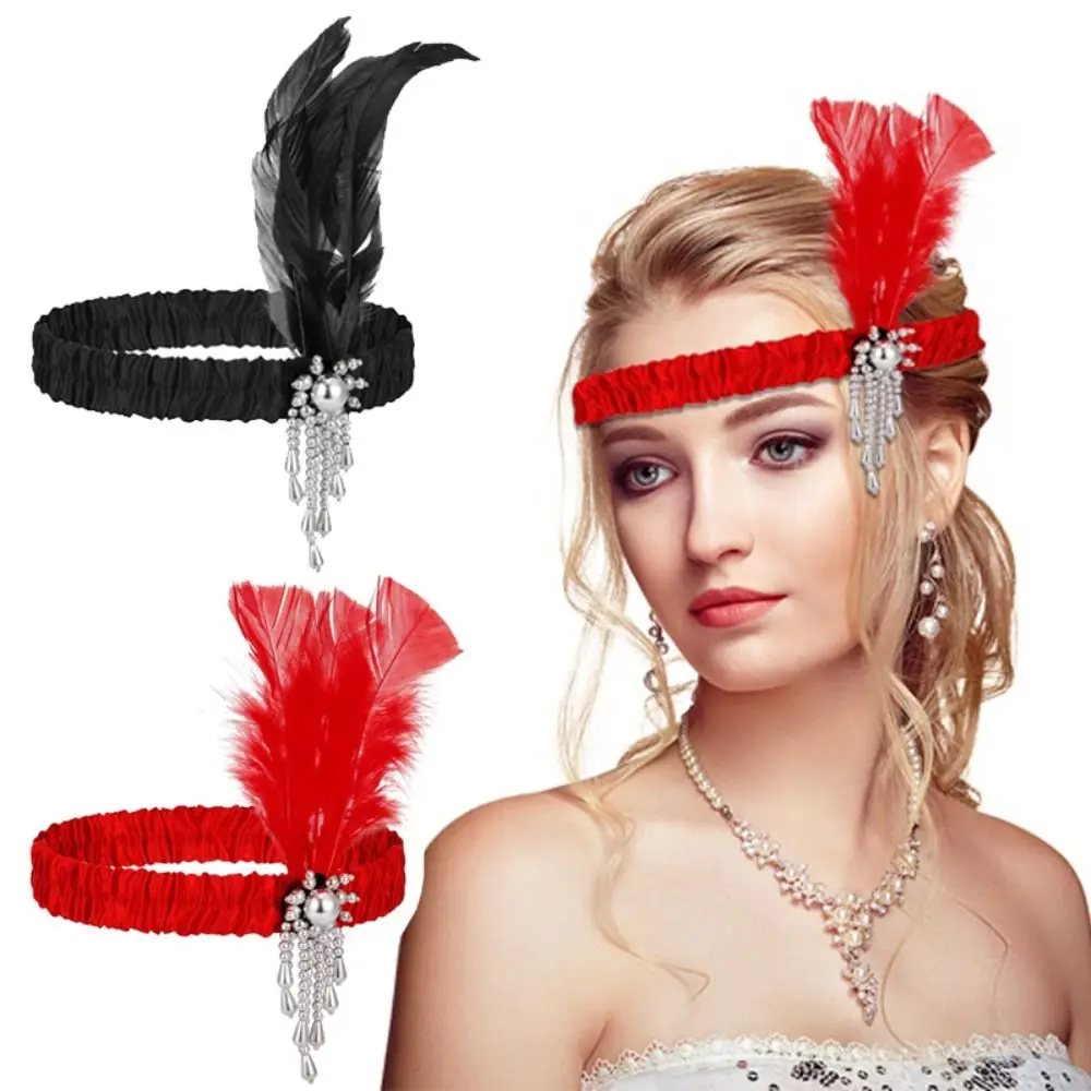 

2PCS Elastic Hair Accessories For Women Girls Costume Party Bridal Headpiece Headdress Gatsby Flapper Feather Headband