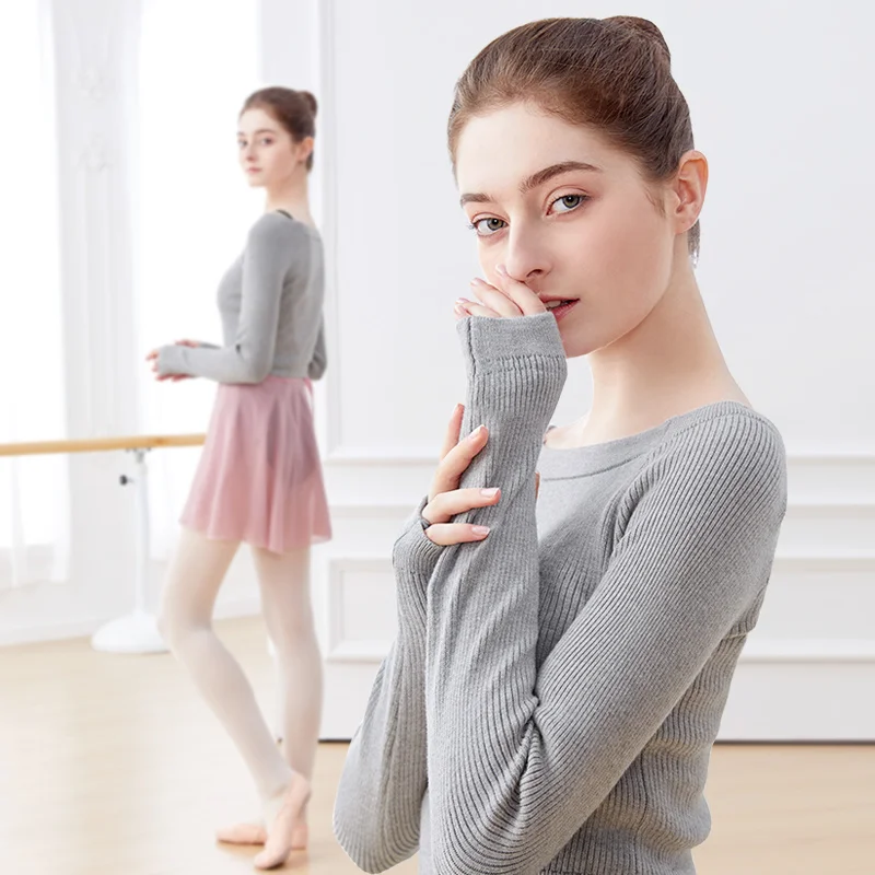 

Women Ballet Top Boat Neck Sweater Gray Dance Crop Tops Ballet Coat Knitted Sweater Long Sleeve Dance Costumes Autumn Winter