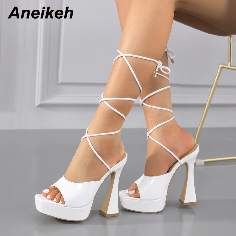 

Aneikeh 2022 New Fashion Solid Patent Leather Square Open Toe High Heel Women Summer Sandals Ankle Narrow Band Cross-Tied 35-42