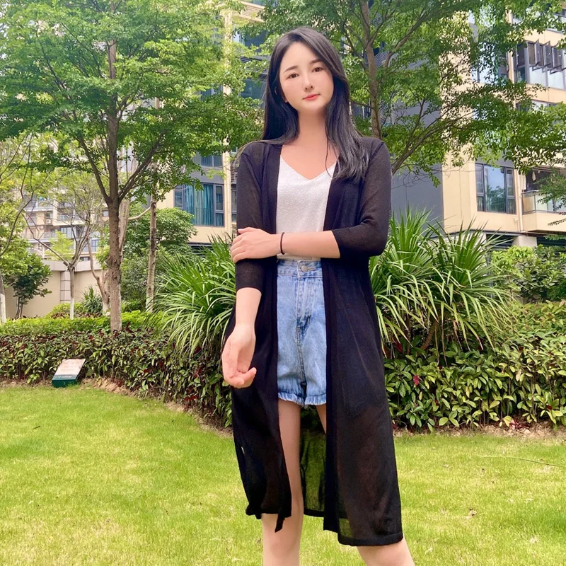 

Women's Summer Cardigan Fashion Sweaters Outerwear Long Black Clothing V-neck Korean Style Tricot Knitted Ladies Sweater White