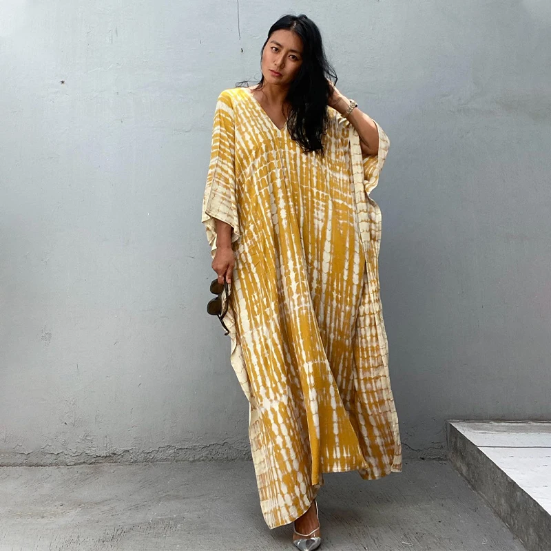 Платье женское с богемным принтом свободное Пляжное макси V-образным вырезом и