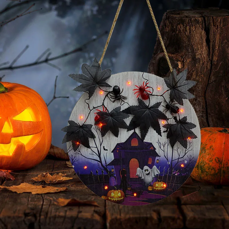 

Halloween Garland With Lights Bow Tie Front Door Hanger Creepy Pumpkin Skull With Lights Wooden Door Sign Party Wall Pendant Dec