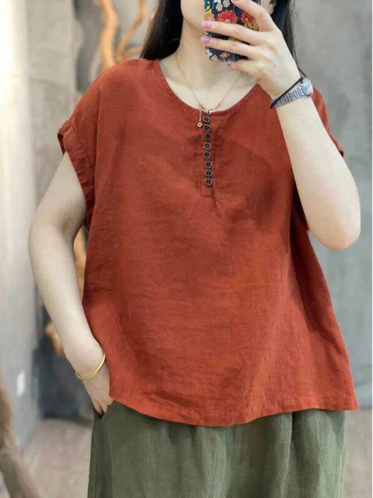 round Neck Short sleeve Cotton and Linen Loose Belly Covering Casual T-shirt Women 2024 Summer New Retro All-Matching Top |