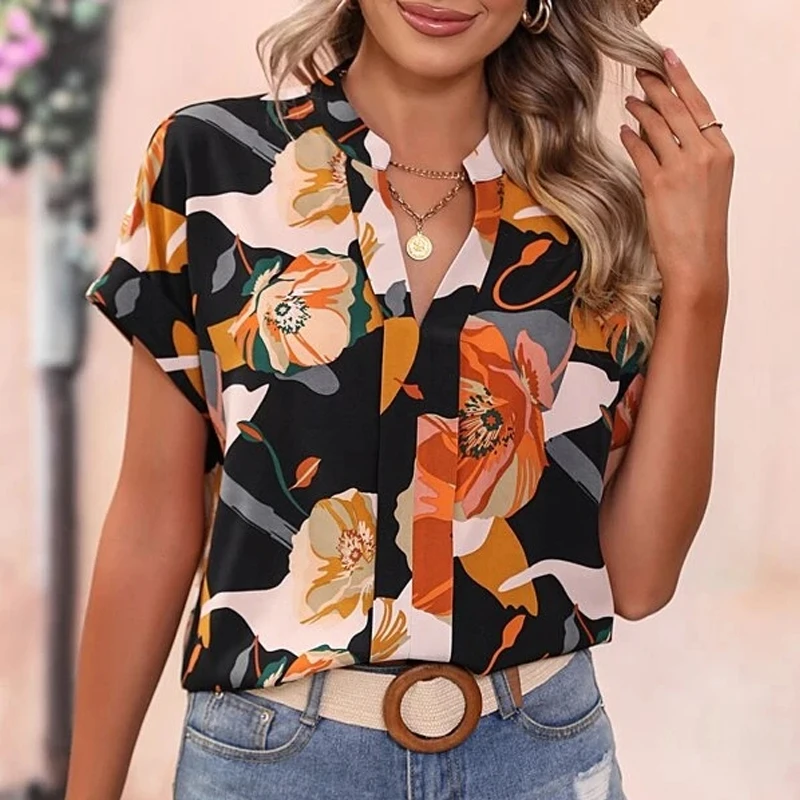 

Elegant Office Lady Blosue Fashion Loose Floral Printed Shirt Women Summer Casual Clothes Vintage Short Sleeve Tops Blusas 26455