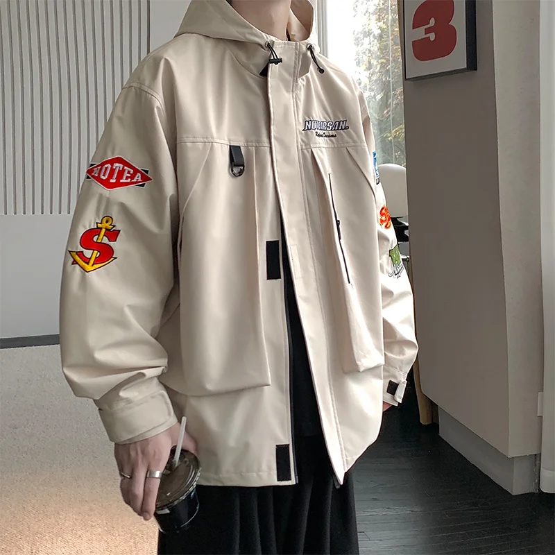 

Hooded Charge Clothes Spring Autumn New Casual Tooling Jacket Men Tide Brand Exquisite Embroidery Waterproof Coat Male