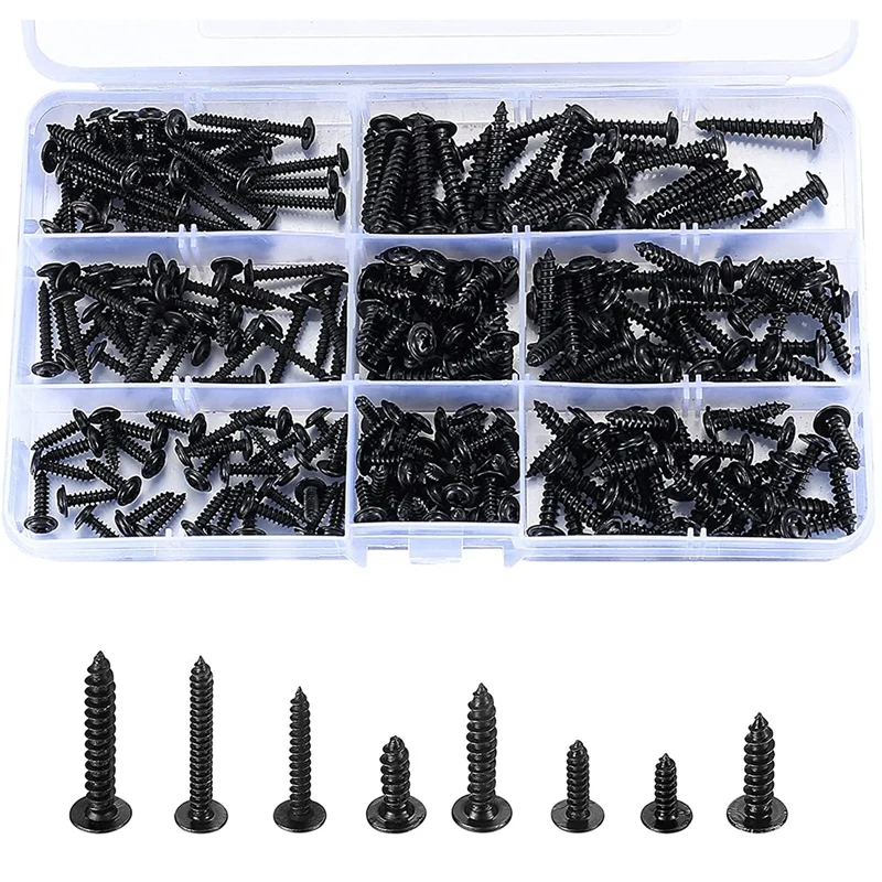 

240 Pcs Black Self Tapping Wood Screws Assortment Kit Carbon Steel Cross Pan Round Head Screws Countersunk Screws