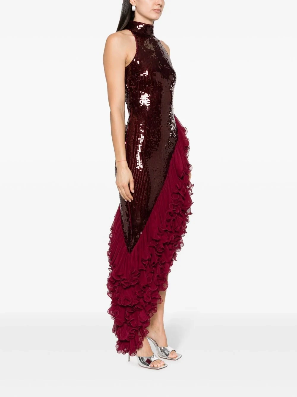 Уникальные темно-красные Асимметричные женские платья с пайетками и фатином