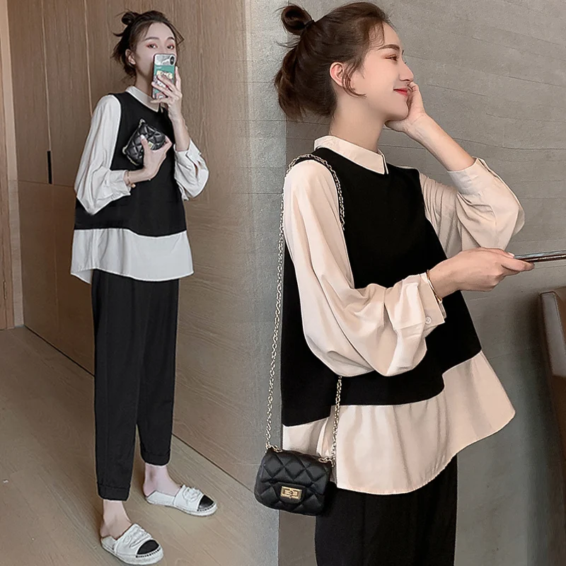 Autumn Maternity Two-piece Breast Feeding Clothes Set Long Sleeve Turn-Down Collar Lactation Shirts+Belly Pants Nursing DD01039