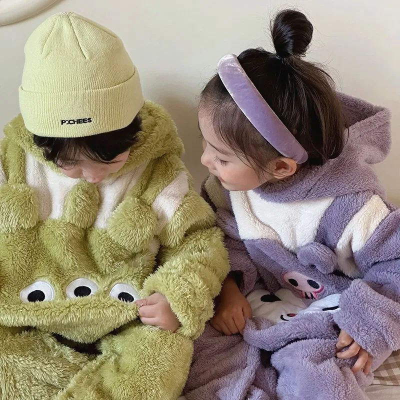 

Sanrios Kuromi Anime Kawaii Flannel Children Pajamas Winter Thickened Cartoon Home Fur Thickened Plush One Piece Christmas Gifts