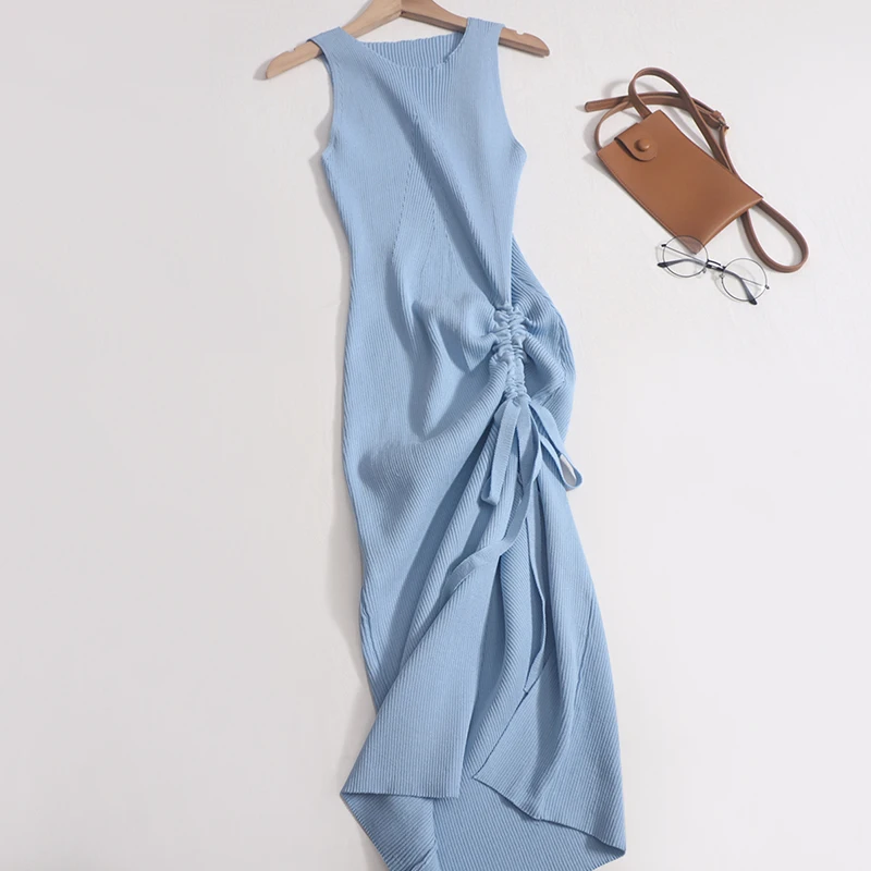 

Женское платье без рукавов, облегающее платье макси с поясом на резинке и высокой талией, платье с разрезом, лето 2023