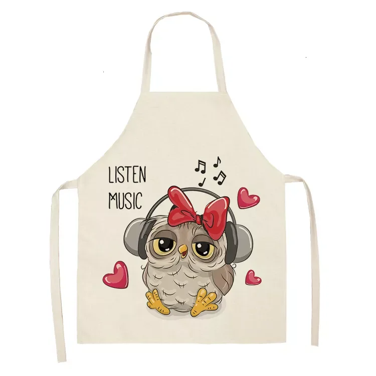 

New in Owl Flower Cartoon Pattern Printed Cotton and Linen Female Apron Household Daily Kitchen Cooking and Baking Oil-proof Bib