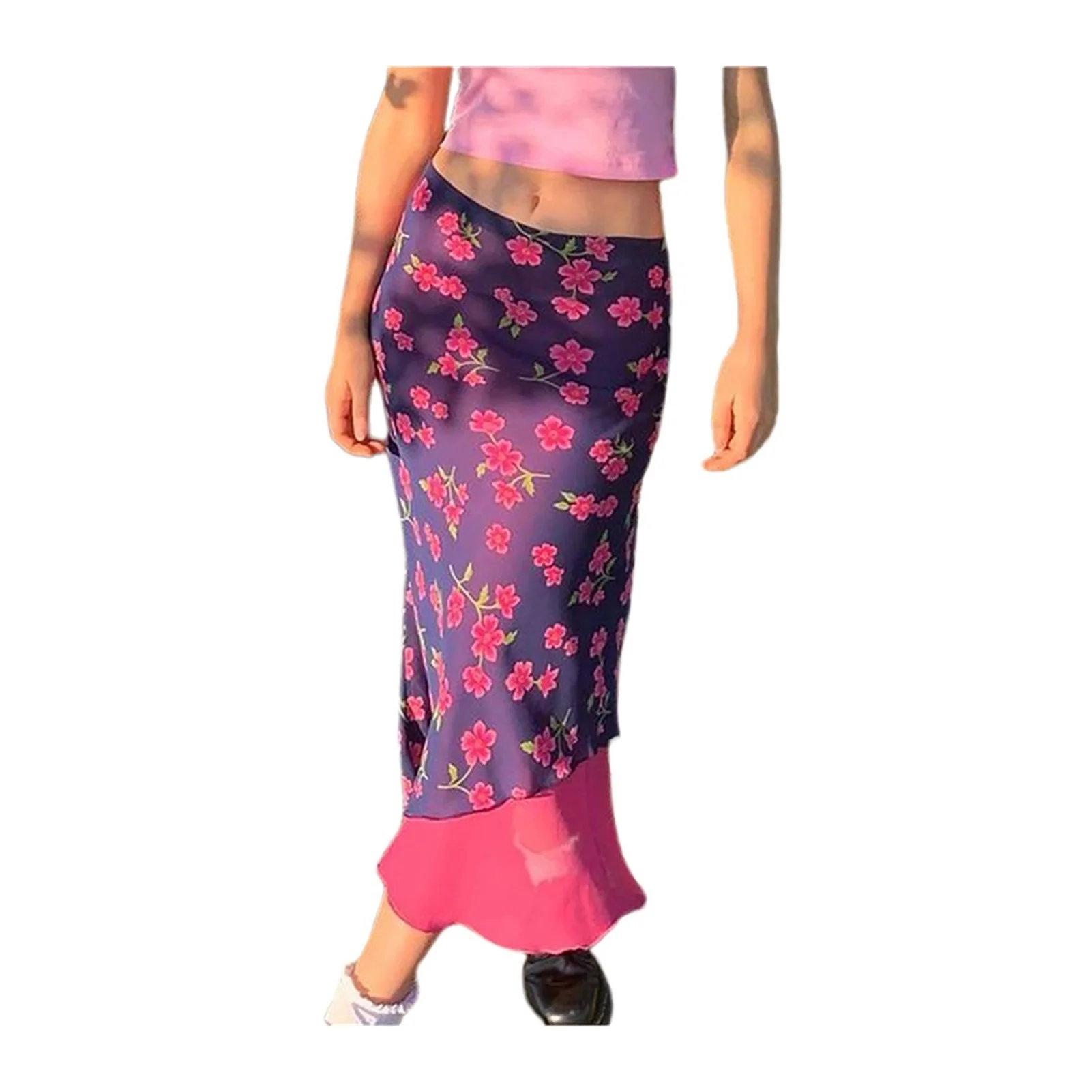 

2022NEW Women Floral Print Pink Skirt Sweat High Waist Short Skirts Y2K Midi Skirt Womens Double Layer Chiffon Clothes 90s