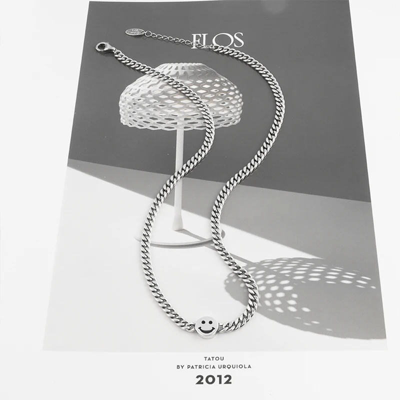 South korea Dongdaemun S925 Sterling Silver Smiley Face Necklace Women Thick Summer Choker Twin Personalized Tank Chain New S...