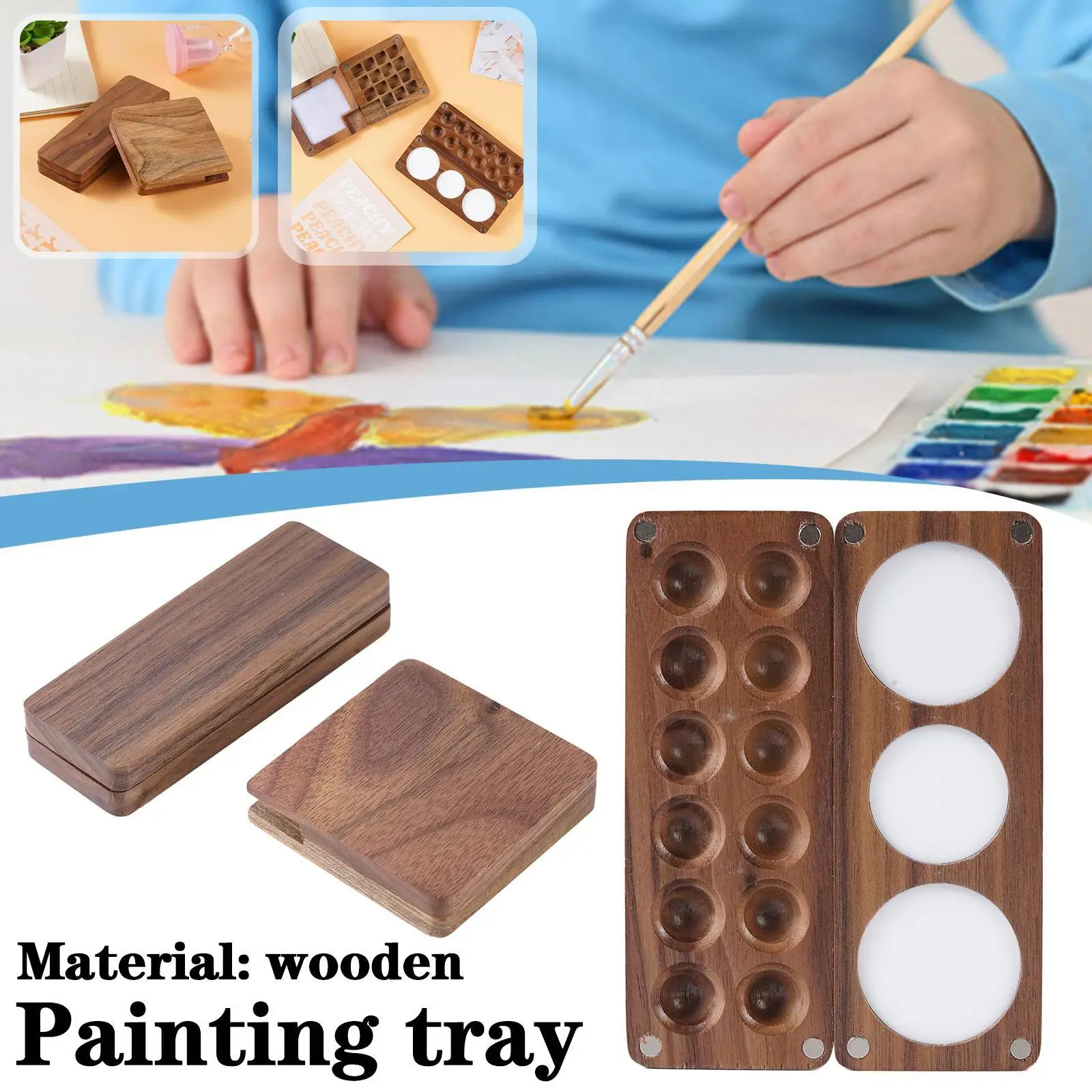 

Portable Wooden Color Palette Handmade Watercolor Paint Box Empty Box DIY Mini Black Paint Palette Painting Supplies