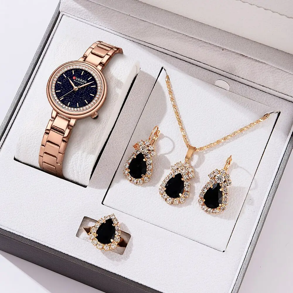 CURREN 5pcs Set Watch Set For Women Luxury Stainless Steel waterproof Analog Ladies Quartz Wristwatch Fashion Bracelet Watch