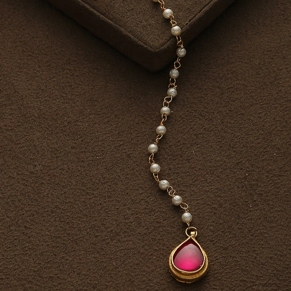 Pink Water Drop Forehead Chain Headband Bridal Hair Accessories Elegant Women Boho Round Pearl Head Wedding Jewelry Gift