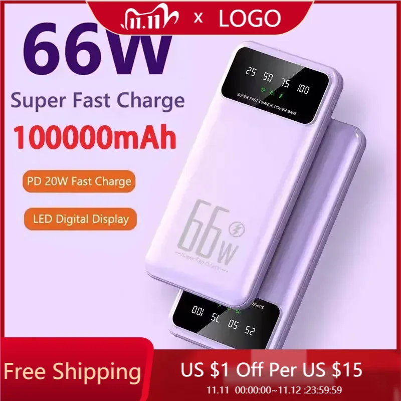 

Портативный внешний аккумулятор, 100000 мАч, 66 Вт